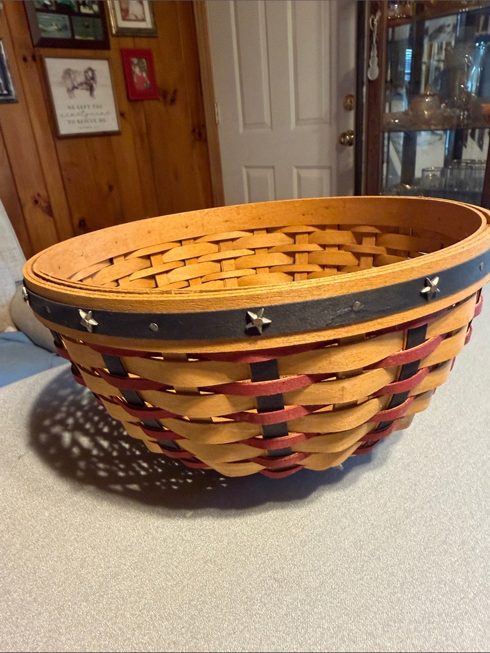 Handwoven Decorative Red, blue and Natural Woven Basket by Longaberg